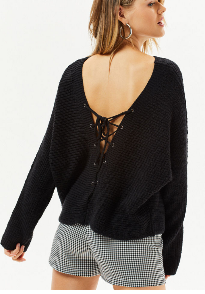 Billabong Women's Back It Up Lace up Sweater Front to back or Back to Front | Black,  Coconut Shell