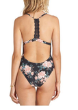Billabong Women's Let It Bloom Macrame-Lace Racerback One piece Swimsuit w/ Plunging Neckline | Black Sands