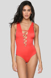 INDAH Rainey Full Cut Lace Up One Piece | Chili Pepper
