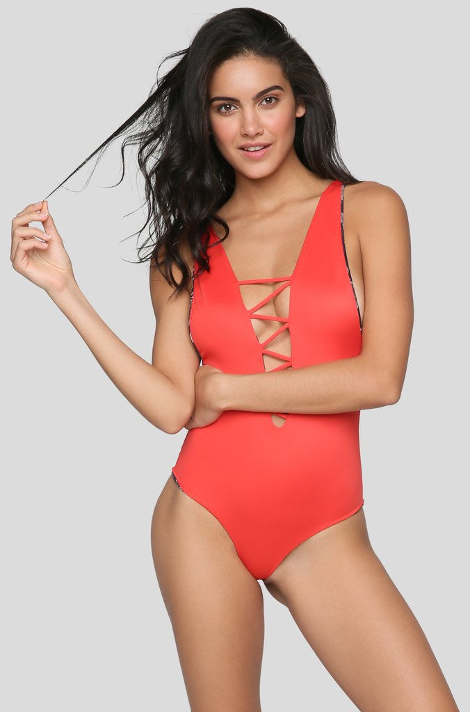 INDAH Rainey Full Cut Lace Up One Piece | Chili Pepper