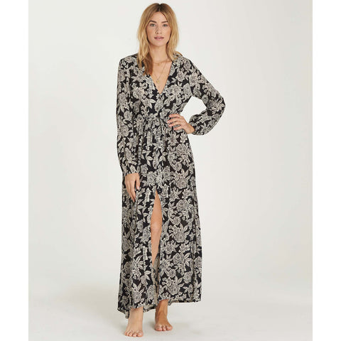 Billabong Women's Allegra Bohemian Kimono Wrap/Maxi Dress | Black/White Floral Print