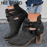 HEE GRAND Buckle Strap Women Ankle Boots Casual Platform Shoes Woman High Heels Western Boots Slip On Winter Women Shoes XWX6884