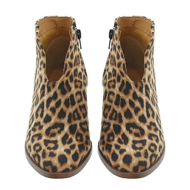 Women Shoes Fashion artificial PU Leopard Autumn Winter Shoes Ankle Boot Casual Outside Round Toe Low Heel Zipper Shoes